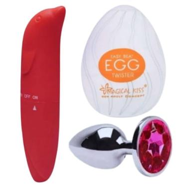 Imagem de Kit Vibrador Golfinho Feminino Ponto G + Masturbador Masculino Ovo Egg + Plugue Anal - Sex Shop Casal (Vermelho, Plug P)