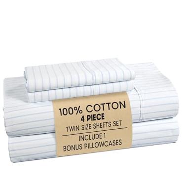 Imagem de Casa Platino Conjunto de lençóis de solteiro 100% algodão – 4 peças (1 lençol plano, 1 elástico, 2 fronhas) - trama percal macia e respirável - Lençóis de cama duráveis e refrescantes com bolsos
