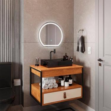 Imagem de Gabinete Harley Com Cuba Torneira Espelho Redondo Led 50cm Nature/Off White