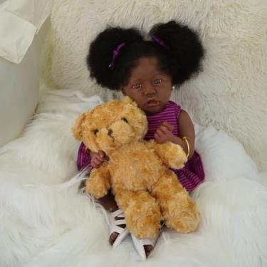 Imagem de Bebê Reborn Boneca Silicone Menina Preto Realista Olho Castanho 55cm Com Urso e Acessórios