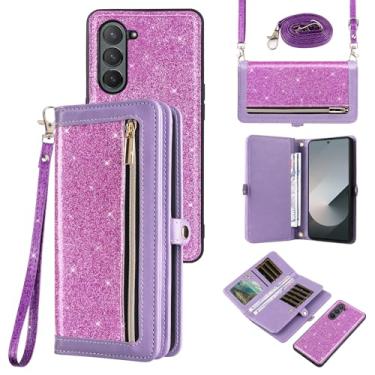 Imagem de Asuwish Capa de celular para Samsung Galaxy Z Fold 6 5G 2024 com zíper carteira destacável com alça transversal alça de cordão bling glitter flip compartimento para cartão ZFold6 Z6 G Fold6 6Z