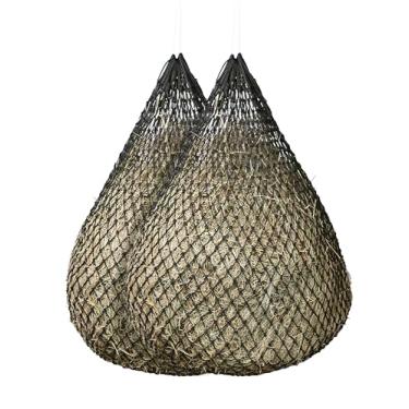 Imagem de TackPro Pacote com 2 redes de feno de 122 cm de comprimento para cavalos alimentação lenta com fecho de cordão redes de feno de alimentação lenta para cavalos e gado - 3 cm preto
