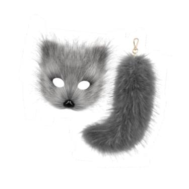 Imagem de LCSVCCXA Conjunto de Máscara E Cauda Therian, Máscara de Gato Cosplay para Mulheres, Meninas, Festa, Meia Máscara Facial, Cinza escuro