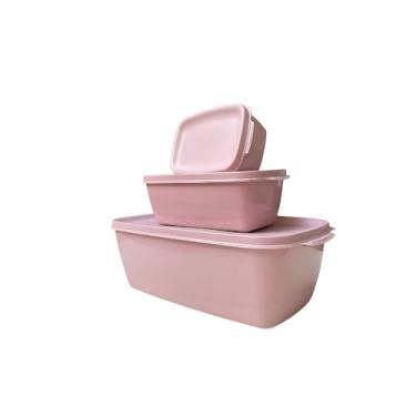 Imagem de Kit Com 3 Potes Com Tampa Retangular Leve ao Micro-ondas Freezer Máquina de Lavar É Livre de BPA 450 ML, 1.150 ML, 3.500 ML Vasilha de Plástico Premium Moderna Clean FONSES (Rosa)