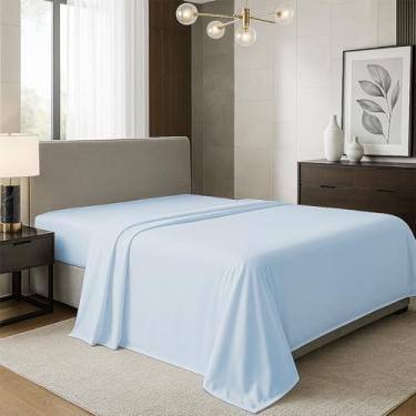 Imagem de TEXAS LINEN CO. Lençol de cima 100% algodão orgânico percal tamanho casal - 1 lençol de cima, azul claro - roupa de cama nítida, fresca e forte, lençóis de cima para quem dorme quente, lençóis de luxo
