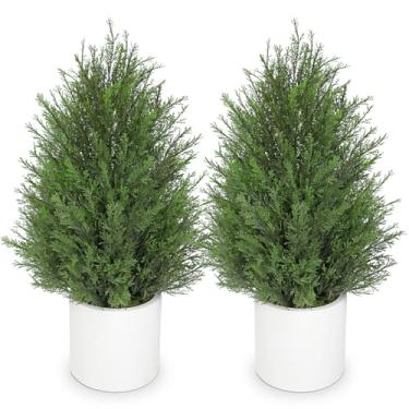 Imagem de Briful Árvore de topiária de cedro artificial de 68,5 cm em vaso branco, 2 peças – Planta de piso falso perene realista com folhas em camadas, arbusto decorativo em vaso interno e externo para casa