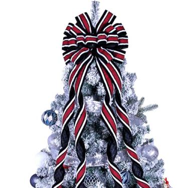 Imagem de Topper de árvore de Natal, laço grande, guirlanda de Natal, enfeite de árvore preto, tecido flocado com borda crua branca, laços de presente para enfeite de Natal, casa, Ação de Graças, decoração