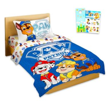 Imagem de Jogo de cama solteiro da Patrulha Canina, conjunto de colchas, lençol de cima, lençol com elástico, fronha, adesivos, mais | decoração de quarto