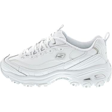 Imagem de Skechers D'Lites Tênis feminino de espuma viscoelástica com cadarço, Branco branco malha de couro com acabamento prateado amarelo WSL, 12