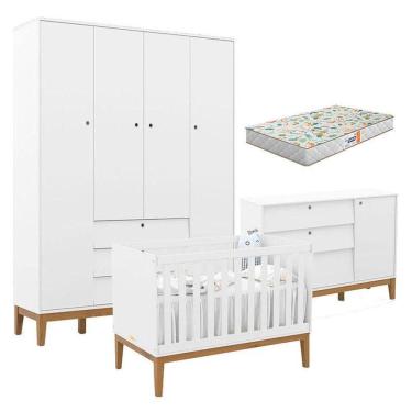 Imagem de Quarto De Bebe Unique 4 Portas Com Cômoda Sapateira Branco Soft Eco Wood E Colchão Gazin - Matic