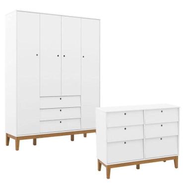 Imagem de Cômoda 6 Gavetas E Guarda Roupa Unique 4 Portas Branco Soft Eco Wood - Matic