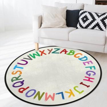 Imagem de OMFUNS Tapete redondo do alfabeto arco-íris para quarto de 1,8 m, tapete de chão com círculo de letras coloridas, antiderrapante, lavável, para sala de estar, quarto de crianças, berçário, entrada,