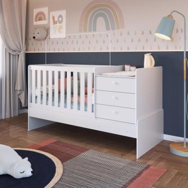 Imagem de Berço Infantil Multifuncional Menino Menina 196cm Com Cômoda, Trocador E Grade Em Mdf Branco