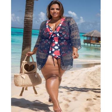 Imagem de saída de praia plus size canga toda em renda franzida midi tamanho gra