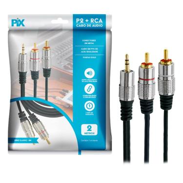 Imagem de Cabo Conversor de Audio P2 x RCA Duplo - Ideal p/aparelhos MP3, MP4, Ipod - 2 Metros - PIX-018-0702