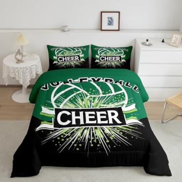 Imagem de jejeloiu Jogo de cama solteiro com estampa de vôlei, para meninos, meninas, adolescentes, verde, preto, respirável, macio, leve, microfibra