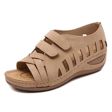 Imagem de Bigfanshu Sandálias femininas de verão 2020 com plataforma de couro macio gladiador sapatos de salto alto, Cáqui, 6.5