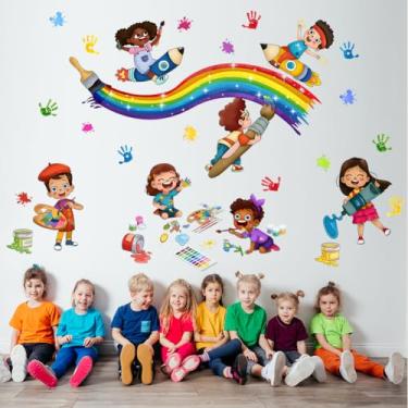 Imagem de Adesivos de parede inspirados para crianças coloridas - Design de mãos pequenas mudam o mundo com impressões manuais, salpicos de tinta e giz de cera (Estilo4)