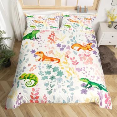 Imagem de Erosebridal Jogo de cama solteiro de lagarto réptil, desenho animado Gecko Camaleão, capa de edredom para crianças, meninas, meninos, jogo de cama floral colorido fofo com animais selvagens, capa de