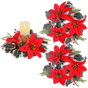 Imagem de 2 peças de anéis de vela de Natal, guirlanda de pinheiro, poinsétia vermelha artificial, com folhas de azevinho, para festas de Natal, festas de casamento, decoração de mesa