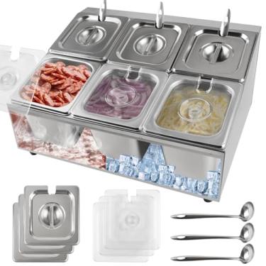 Imagem de Kalolary Estação de armazenamento com cobertura de pizza com 6 panelas, recipientes de condimentos de aço inoxidável com tampas, colheres de gelo, recipiente para servir alimentos, salada, bar