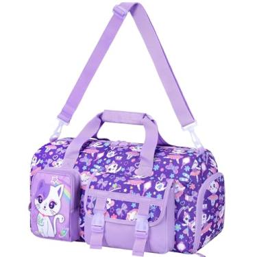 Imagem de Mochila infantil para meninas, bolsa de viagem resistente à água com compartimento separado para sapatos para esportes, academia, fim de semana noturno - Gato roxo