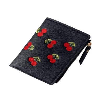 Imagem de Carteira feminina compacta curta bordada de cereja vertical, minimalista, casual, pequena, porta-moedas, resistente à água, leve, presente para namorada