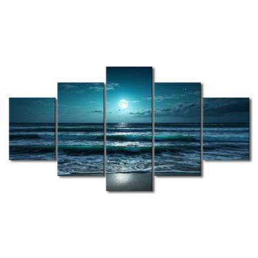 Imagem de Moon Wall Art Decor Night Beach Coastal Wave Picture Printing Wall Art Modern 5 Panel Moom Seascape Poster Canvas Wall Art for Shower Room Kitchen Home Wall Decoration Emoldurado para pendurar 152 x