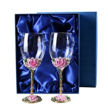 Imagem de Gets Taças de vinho pintadas flor esmaltada taça de vinho de cristal decorativa com caixa de presente azul para aniversário de casamento (rosa 2 + caixa de presente)