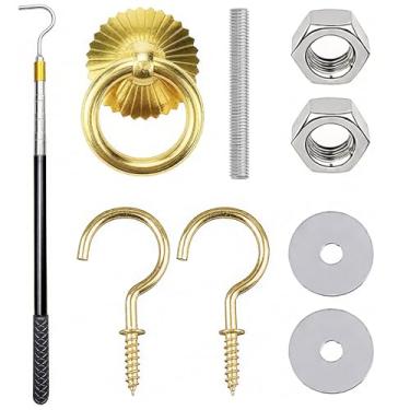 Imagem de Kit de sistema de puxar escada do sótão, extensão de 164 cm, puxador de porta do sótão, haste retrátil, aço inoxidável, anel de puxar de latão, ganchos de parafuso, ferragens incluídas