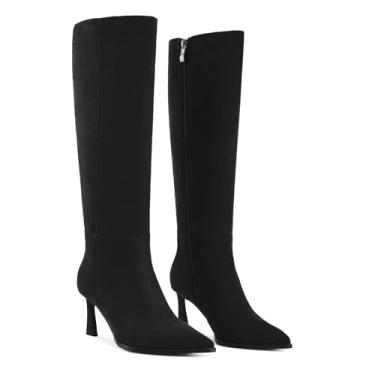 Imagem de Gothictor Botas de cano alto femininas bico fino salto alto salto alto com zíper lateral botas longas, Camurça preta, 39