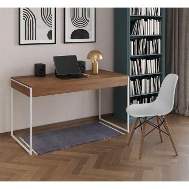 Imagem de Mesa De Escritório Industrial Amêndoa 137X53Cm Base Ferro Branco Com 1 Cadeira Branca