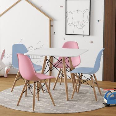 Imagem de Conjunto De Mesa Infantil Madeira Quadrado Branco 2 Cadeira Azul E 2 Rosa