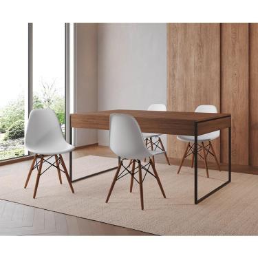 Imagem de Mesa Jantar Industrial Retangular Filadélfia Amêndoa 137X90Cm Base Ferro Preto Com 4 Cadeiras Branca