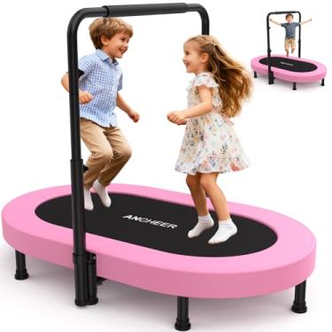Imagem de ANCHEER mini trampolim para crianças internas, trampolim duplo para crianças com guiador central ajustável, trampolim rebote de 56 "x 36" dobrável, carga máxima de 220 libras, rosa