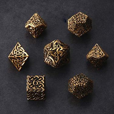 Imagem de Conjunto de dados de metal poliédrico de 7 peças de dados de ouro antigo com infinitos nós celtas extra pesados e grandes para DND Dungeons and Dragons Call of Cthulhu Pathfinder Tabletop RPG Dice Wizard Monk Dice
