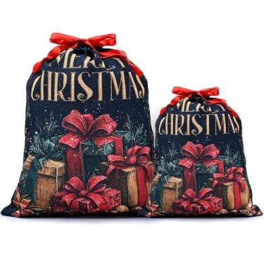 Imagem de Mshutbna Caixa de sacos de presente de Natal 2 peças sacos de embrulho de tecido reutilizável com cordão para presentes de Natal, decorações de festa, lembrancinhas de feriado 16 x 12 30 x 25 cm