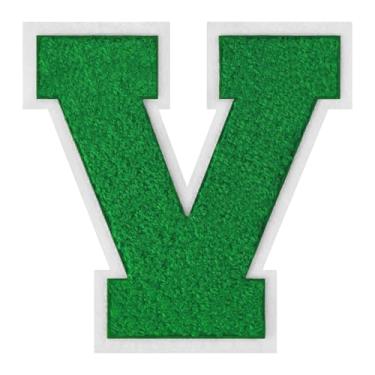 Imagem de 1 peça de patch de letra de chenille verde de 15 cm com borda branca – adesivos do alfabeto para roupas, jaquetas, mochilas, chapéus para decoração personalizada, nome personalizado e artesanato. (V)