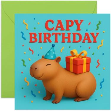 Imagem de Capybara Funny Happy Birthday Card, Capy Bday Gift for Him Her Wife Husband Friend - quadrado, em branco por dentro com envelope premium
