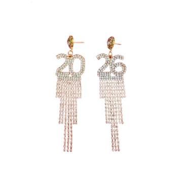 Imagem de Brincos femininos com pingente de borla de ano novo 2026 com letras de cristal 2026 para festa de dança de ano novo, presente de joias festivas, Small, Zinco, Sem pedra preciosa