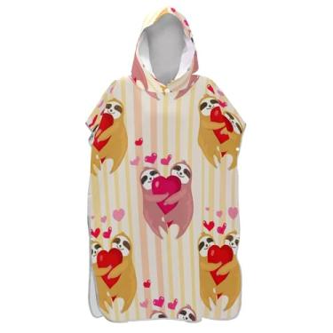Imagem de Poncho de surf leve para adultos trocador de roupa de praia com capuz toalha de banho fofa preguiça listras dia dos namorados homens mulheres poncho com capuz