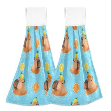 Imagem de Toalhas de mão de outono com laço para pendurar capivaras divertidas animais azuis conjunto de 2, toalhas de mão de cozinha fofas macias e absorventes, 46 x 35 cm
