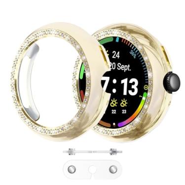 Imagem de Wugongyan Pacote com 2 capas para Google Pixel Watch 4 41M – Charge com capa em diamante de cristal de linha única brilhante rígida PC protetor de borda para Pixel Watch 4 (dourado + transparente)