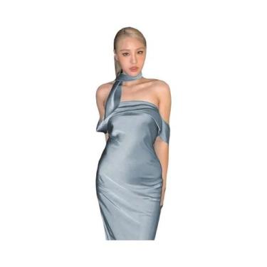 Imagem de Vestido Longo De Cetim Feminino off Shoulder Bodycon Sexy Para Festa M