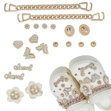 Imagem de EKIND Amuletos de decoração de sapatos de 22 peças, conjunto de acessórios de pérola de strass brilhante com correntes douradas para não arranhar as costas lisas