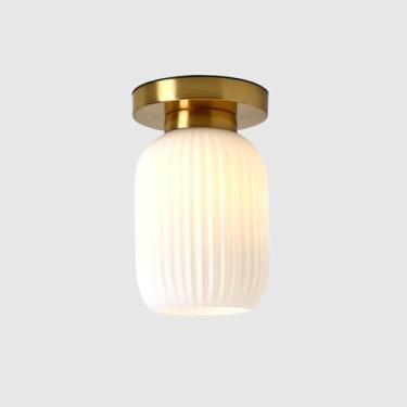 Imagem de Luminária de teto de vidro branca para entrada, com 1 lâmpada, estilo meados do século XX, cúpula cilíndrica de vidro listrado, luminária de embutir moderna para interiores, ideal para corre