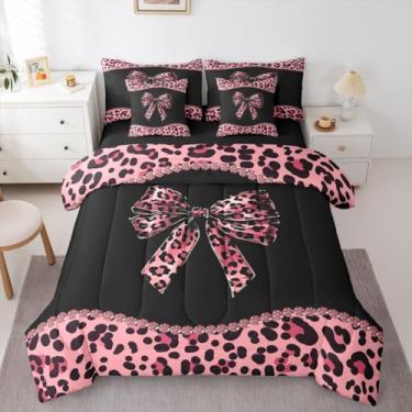 Imagem de Conjunto de edredom solteiro com laço de guepardo africano com lençol para meninas adolescentes | Conjunto de cama de 7 peças com laço coquete de leopardo rosa e preto moderno em uma bolsa, conjunto