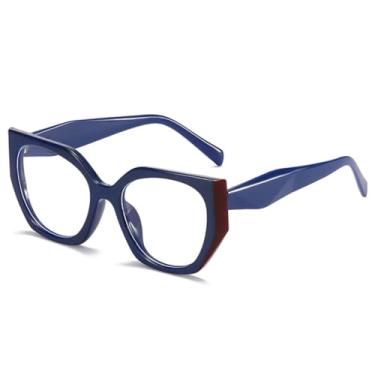 Imagem de Óculos femininos vintage com armação estilo olho de gato poligonal, lentes transparentes anti-luz azul, armação bicolor masculina (azul)