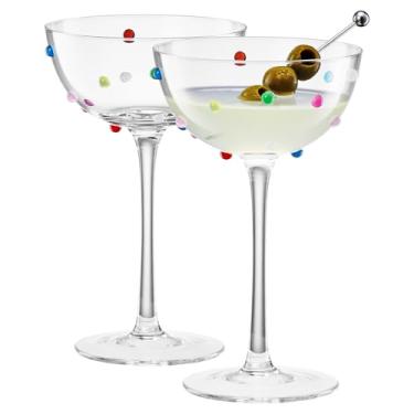 Imagem de Conjunto de 2 copos Confetti Coupe, taças largas coloridas de vidro transparente de 210 g para coquetéis, champanhe, utensílios de bebida elegantes feitos à mão para festas, casamentos, aniversários