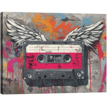 Imagem de Halioyo Arte de parede em tela com fita de graffiti, fita cassete de música colorida com asas pôster moderno decoração de parede para sala de estar quarto dormitório, arte pronta para pendurar - 30,5